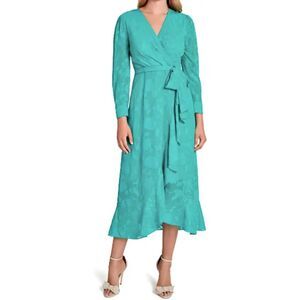 TAHARI | NWOT Green Textured Floral Flutter Midi Dress w/ Gold accents | Size 8